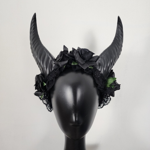 Krampus Horns Straight Pointy Devil Demon Headband Black Rose Costume Head Piece - Picture 1 of 6